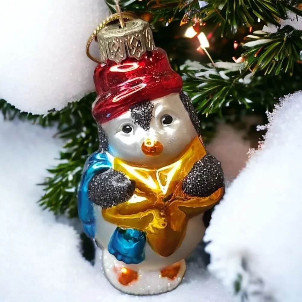Gold Star Top Hat Penguin Snowman Hand Blown Glass Ornament Thomas Pacconi 2002